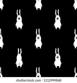 Seamless pattern with funny rabbit. Black and white background for nursery or any textile surface. 