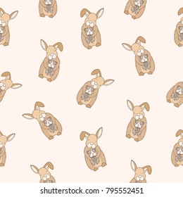 Seamless pattern with funny rabbit with closed eyes holding guinea pig on light background. Backdrop with cute hugging cartoon domestic animals or pets. Colorful vector illustration for fabric print