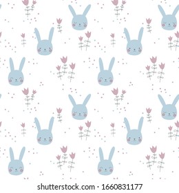Seamless pattern with funny rabbit faces and abstract flowers in pastel colors on a white background. Nursery texture. Design for children's clothes, fabric, textile, wallpapers. Vector illustration.
