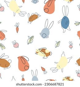 Seamless pattern with funny rabbits. Animal print. Pets. Festive decor. A pattern of simple elements. Vector illustration.