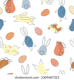 Seamless pattern with funny rabbits. Animal print. Pets. Festive decor. A pattern of simple elements. Vector illustration.