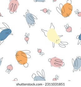Patrón sin foco con conejos divertidos. Impresión animal. Mascotas. Decoración festiva. Un patrón de elementos simples. Ilustración vectorial.