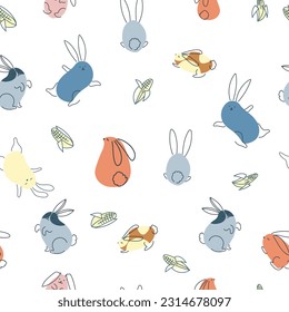 Seamless pattern with funny rabbits. Animal print. Pets. Festive decor. A pattern of simple elements. Vector illustration.