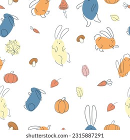 Seamless pattern with funny rabbits. Animal print. Pets. Festive decor. A pattern of simple elements. Vector illustration.