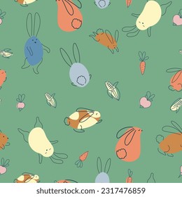 Nahtloses Muster mit lustigen Kaninchen. Tierdruck. Haustiere. Festliche Dekoration. Ein Muster einfacher Elemente. Vektorgrafik.