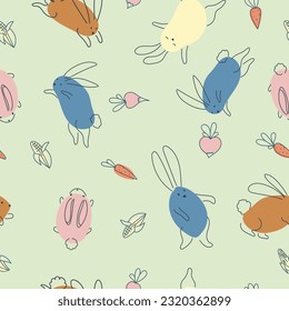 Seamless pattern with funny rabbits. Animal print. Pets. Festive decor. A pattern of simple elements. Vector illustration.