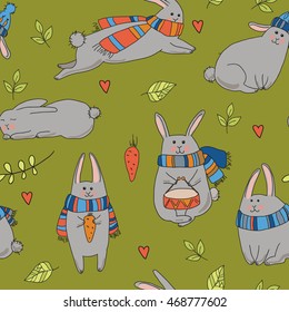 Seamless pattern with funny rabbits.  Autumn pattern. Vector for design