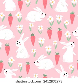 Seamless pattern with funny rabbits carrots and flowers on a pink background. Vector illustration. Perfect for textile, wallpaper or print design.