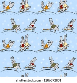 Seamless pattern with funny rabbits in coats on sleds