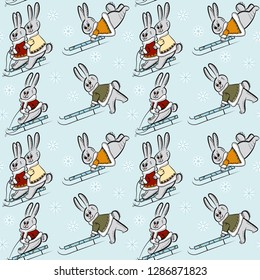 Seamless pattern with funny rabbits in colorful coats on sleds