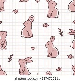Patrón sin foco con conejos divertidos y flores en un fondo a cuadros. Ilustración vectorial dibujada a mano.