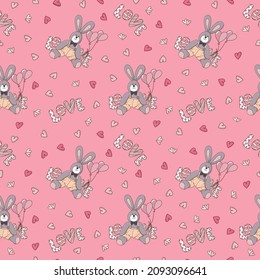 Seamless pattern with funny rabbits and hearts on a pink background. Doodle style.