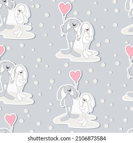 Seamless pattern with funny rabbits and hearts on a gray background. Doodle style.