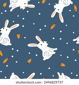 Seamless pattern with funny rabbits, leaves and white dots on a blue background. Perfect for textile or wallpaper. Vector illustration