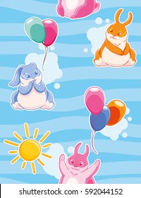 Seamless pattern with with funny rabbits painted colorful flying balloons on a background of sky and clouds. Fabric design, Wallpaper, kids decor.