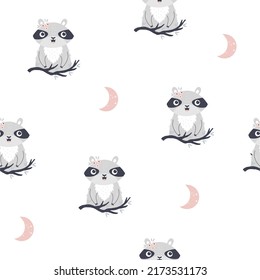 Seamless pattern with funny raccoons and moons. Suitable for different prints, nursery decoration, wrapping paper, wallpaper, cloth design.
