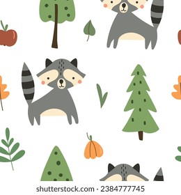 Seamless pattern with funny raccoons on a white background and forest elements. Vector illustration for your design