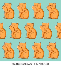 Seamless Pattern with funny red cat hugs tail, cute cartoon animal character vector Illustration. Pet animal design for wallpaper, fabric, textile