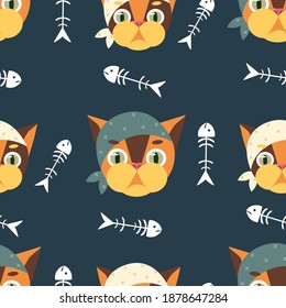 Patrón sin foco gracioso con gatos rojos piratas sobre fondo oscuro con esqueleto de pescado. Ilustración vectorial. Patrón de dibujos animados.