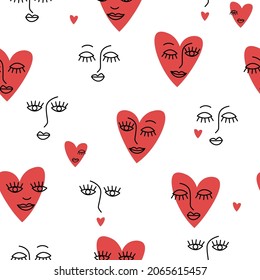 Seamless pattern with funny red hearts with faces with eyes and lips. Different emotions in simple lines. Print for the Valentine's Day holiday. Vector graphics.