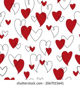 Seamless pattern with funny red hearts in simple lines. Print for the Valentine's Day holiday. Vector graphics.