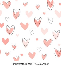 Seamless pattern with funny red hearts in simple lines. Print for the Valentine's Day holiday. Vector graphics.