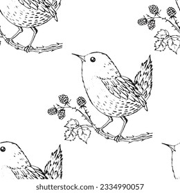 Seamless pattern with funny redbreast birds, flowers, leaves. Flat vector illustration with cartoon bird silhouette. Cute characters. Design for invitation, poster, card, textile, fabric.