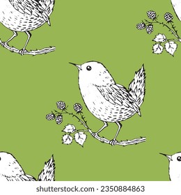 Seamless pattern with funny redbreast birds, flowers, leaves. Flat vector illustration with cartoon bird silhouette. Cute characters. Design for invitation, poster, card, textile, fabric.