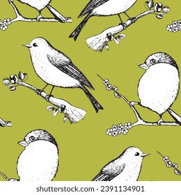 Patrón sin foco con divertidos pájaros rojos, flores, hojas. Ilustración vectorial plana con silueta de pájaro caricaturizado. Caracteres de corte. Diseño para invitación, afiche, tarjeta, textil, tela.