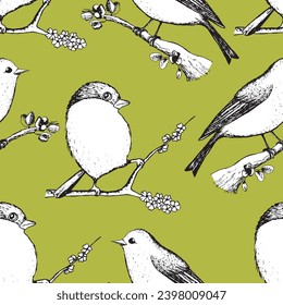 Patrón sin foco con divertidos pájaros rojos, flores, hojas. Ilustración vectorial plana con silueta de pájaro caricaturizado. Caracteres de corte. Diseño para invitación, afiche, tarjeta, textil, tela.