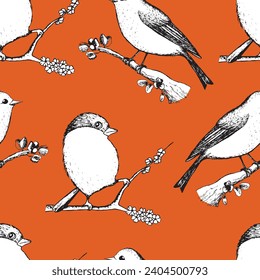 Patrón sin foco con divertidos pájaros rojos, flores, hojas. Ilustración vectorial plana con silueta de pájaro caricaturizado. Caracteres de corte. Diseño para invitación, afiche, tarjeta, textil, tela.