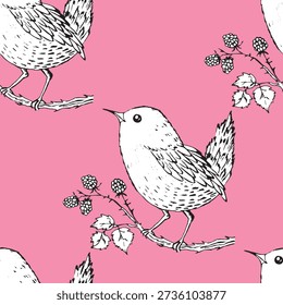 Seamless pattern with funny redbreast birds, flowers, leaves. Flat vector illustration with cartoon bird silhouette. Cute characters. Design for invitation, poster, card, textile, fabric.