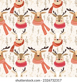 Seamless pattern funny reindeer hand drawn illustration style. Seamless vector reindeer with antlers and with colorful cozy scarves and small raseniya for new year print of packaging or textiles.