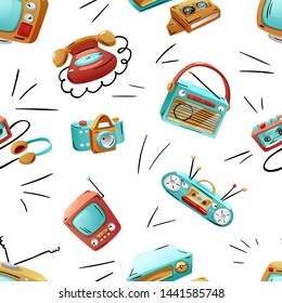 Seamless pattern with funny retro devices in mixed style - flat, cartoon, comics. Vector illustration isolated on white.
