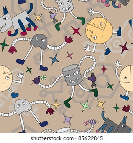 Seamless pattern with funny robots
