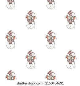 Seamless pattern with funny roosters listening music through headphones, hand drawn cartoon graphic vector pattern