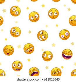Seamless pattern with funny round yellow comic stickers on white background. Vector smiley face texture.