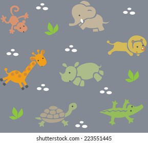 Seamless pattern with funny running african animals in savannah. Children vector illustration