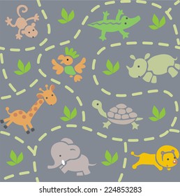 Seamless pattern with funny running african animals in savannah. Children vector illustration