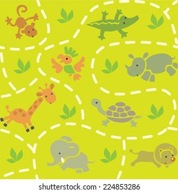 Seamless pattern with funny running african animals in savannah. Children vector illustration
