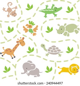 Seamless pattern with funny running african animals in savannah. Children vector illustration