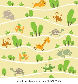 Seamless pattern with funny running african animals in savannah. Children vector illustration