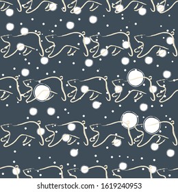 Seamless Pattern with funny running bears hand drawn in brush. Repeating Pattern. Vector Illustration