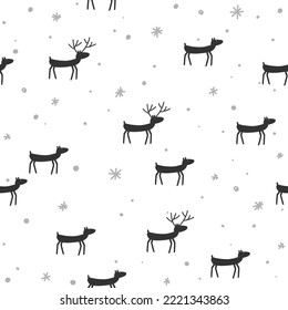 Seamless pattern with funny running deer herd in simple tribal style. Winter vector illustration. Hand drawn doodle sketch on white background.