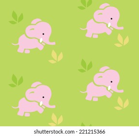 Seamless pattern with funny running elephants and bushes in savannah. Children vector illustration