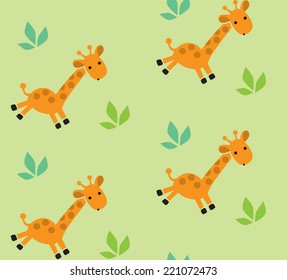 Seamless pattern with funny running giraffes and bushes in savannah. Children vector illustration