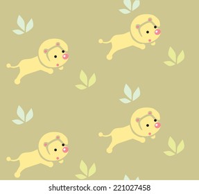 Seamless pattern with funny running lions and bushes in savannah. Children vector illustration
