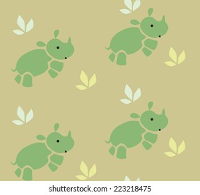 Seamless pattern with funny running rhinos and bushes in savannah. Children vector illustration