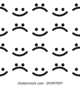 Seamless pattern: funny and sad smile. Black and white. Primitive style.