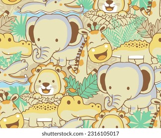 Seamless pattern of funny safari animals cartoon